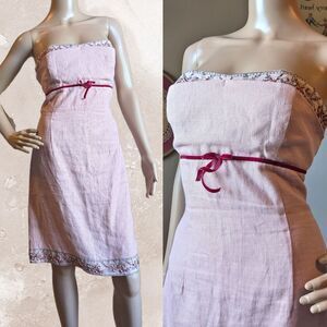 Vintage 90s Mario Balthazar Strapless Pink Dress Empire Waist Linen Midi Size 10